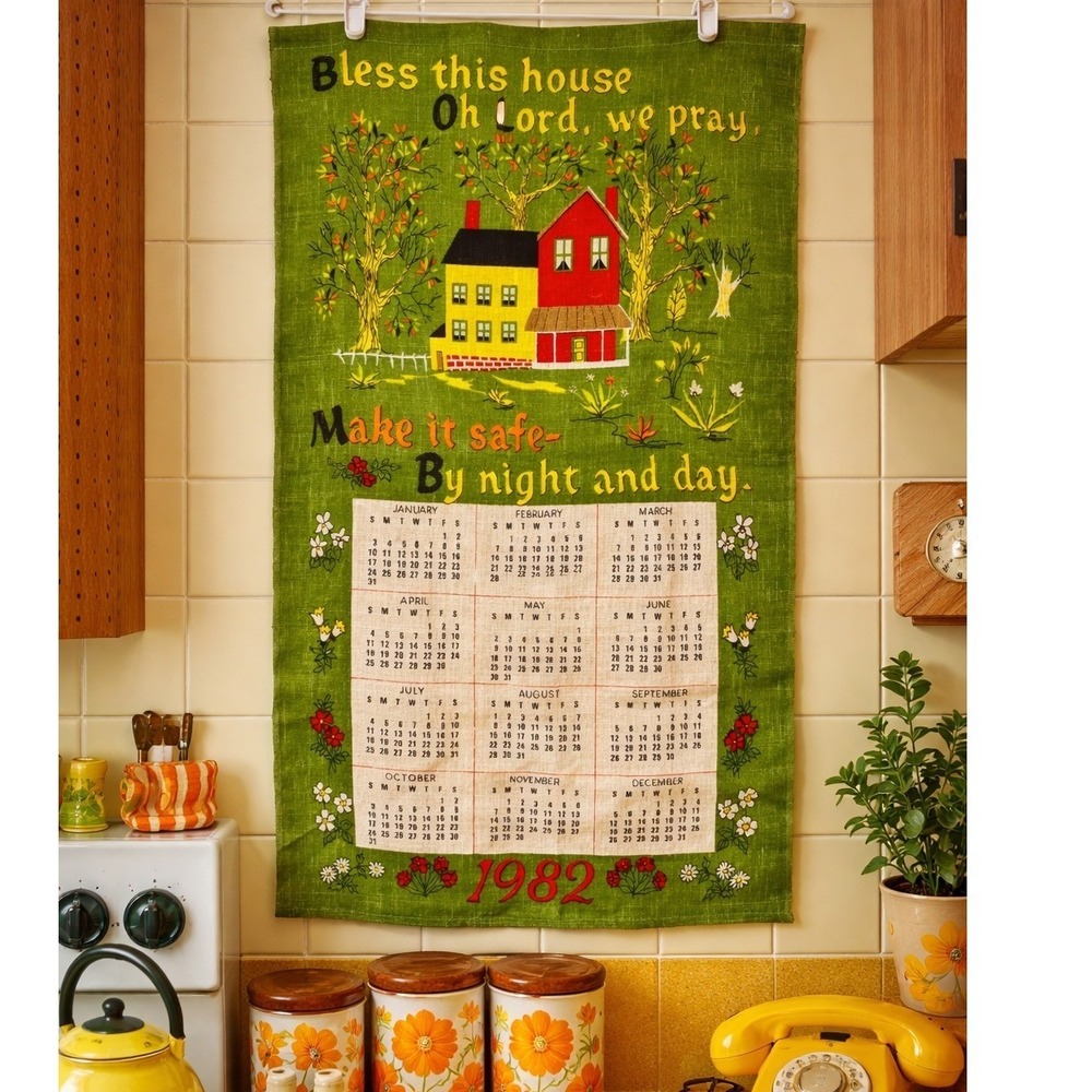 Vintage 1982 Linen Calendar Kitchen Towel Bless This House‎ Folk Art Green 16x27